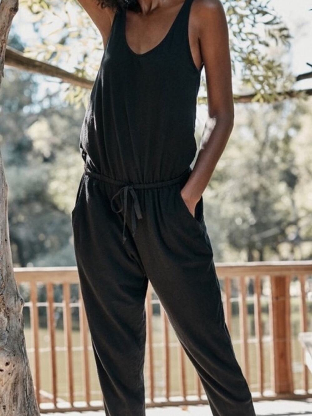 Velvet by Graham & Spencer Black Vintage Slub Cotton Drawstring Waist Jumpsuit